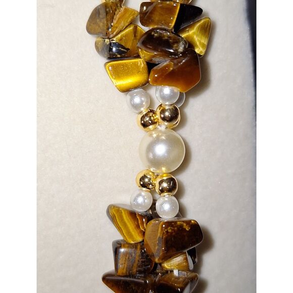 A Vintage Women's Necklace Tiger Eye Chips Faux Pearls Exquisite Luxurious - Picture 5 of 10